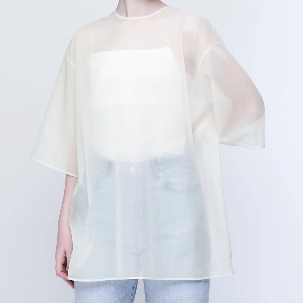 Sheer Mesh Oversized Short Sleeve Top – White / Black – Japan 2025 – NWOT